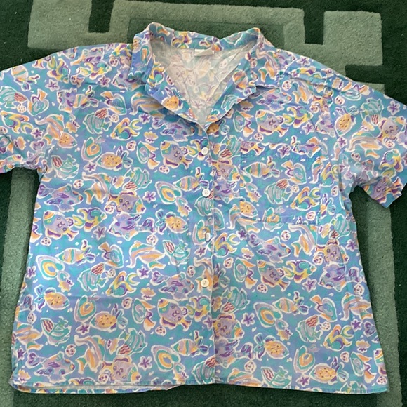 Jantzen Blue/fish motif 100% Cotton, button front & collar, front pocket, great! - Picture 4 of 5
